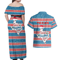 Texas Christmas Couples Matching Off Shoulder Maxi Dress and Hawaiian Shirt with Blue and Red Striped Festive Pattern Lone Star and Santa Motif - Wonder Print Shop