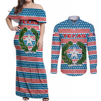 Texas Christmas Couples Matching Off Shoulder Maxi Dress and Long Sleeve Button Shirt with Blue and Red Striped Festive Pattern Lone Star and Santa Motif - Wonder Print Shop