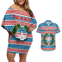 Texas Christmas Couples Matching Off Shoulder Short Dress and Hawaiian Shirt with Blue and Red Striped Festive Pattern Lone Star and Santa Motif - Wonder Print Shop