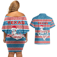 Texas Christmas Couples Matching Off Shoulder Short Dress and Hawaiian Shirt with Blue and Red Striped Festive Pattern Lone Star and Santa Motif - Wonder Print Shop
