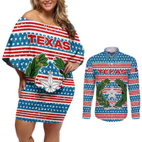 Texas Christmas Couples Matching Off Shoulder Short Dress and Long Sleeve Button Shirt with Blue and Red Striped Festive Pattern Lone Star and Santa Motif - Wonder Print Shop