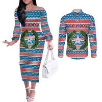 Texas Christmas Couples Matching Off The Shoulder Long Sleeve Dress and Long Sleeve Button Shirt with Blue and Red Striped Festive Pattern Lone Star and Santa Motif - Wonder Print Shop