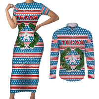 Texas Christmas Couples Matching Short Sleeve Bodycon Dress and Long Sleeve Button Shirt with Blue and Red Striped Festive Pattern Lone Star and Santa Motif - Wonder Print Shop