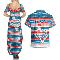 Texas Christmas Couples Matching Summer Maxi Dress and Hawaiian Shirt with Blue and Red Striped Festive Pattern Lone Star and Santa Motif - Wonder Print Shop