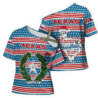 Texas Christmas Cross Shoulder Shirt with Blue and Red Striped Festive Pattern Lone Star and Santa Motif - Wonder Print Shop
