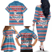 Texas Christmas Family Matching Off The Shoulder Long Sleeve Dress and Hawaiian Shirt with Blue and Red Striped Festive Pattern Lone Star and Santa Motif - Wonder Print Shop