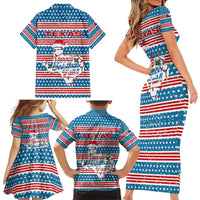 Texas Christmas Family Matching Short Sleeve Bodycon Dress and Hawaiian Shirt with Blue and Red Striped Festive Pattern Lone Star and Santa Motif - Wonder Print Shop