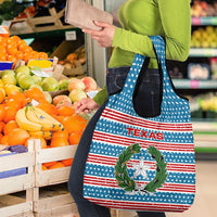 Texas Christmas Grocery Bag with Blue and Red Striped Festive Pattern Lone Star and Santa Motif - Wonder Print Shop