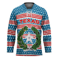 Texas Christmas Hockey Jersey with Blue and Red Striped Festive Pattern Lone Star and Santa Motif - Wonder Print Shop