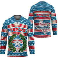 Texas Christmas Hockey Jersey with Blue and Red Striped Festive Pattern Lone Star and Santa Motif - Wonder Print Shop