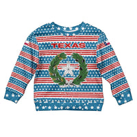 Texas Christmas Kid Ugly Christmas Sweater with Blue and Red Striped Festive Pattern Lone Star and Santa Motif - Wonder Print Shop