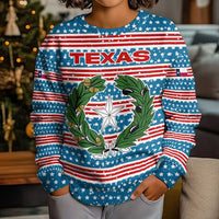 Texas Christmas Kid Ugly Christmas Sweater with Blue and Red Striped Festive Pattern Lone Star and Santa Motif - Wonder Print Shop