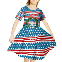 Texas Christmas Kid Short Sleeve Dress with Blue and Red Striped Festive Pattern Lone Star and Santa Motif - Wonder Print Shop