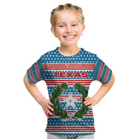 Texas Christmas Kid T Shirt with Blue and Red Striped Festive Pattern Lone Star and Santa Motif - Wonder Print Shop