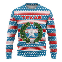 Texas Christmas Ugly Christmas Sweater with Blue and Red Striped Festive Pattern Lone Star and Santa Motif - Wonder Print Shop