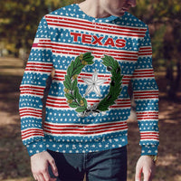 Texas Christmas Ugly Christmas Sweater with Blue and Red Striped Festive Pattern Lone Star and Santa Motif - Wonder Print Shop