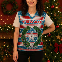 Texas Christmas Knitted V-Neck Vest with Blue and Red Striped Festive Pattern Lone Star and Santa Motif - Wonder Print Shop