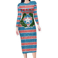 Texas Christmas Long Sleeve Bodycon Dress with Blue and Red Striped Festive Pattern Lone Star and Santa Motif - Wonder Print Shop