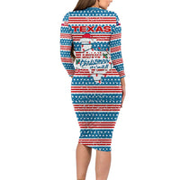 Texas Christmas Long Sleeve Bodycon Dress with Blue and Red Striped Festive Pattern Lone Star and Santa Motif - Wonder Print Shop