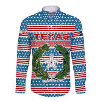 Texas Christmas Long Sleeve Button Shirt with Blue and Red Striped Festive Pattern Lone Star and Santa Motif - Wonder Print Shop