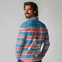 Texas Christmas Long Sleeve Polo Shirt with Blue and Red Striped Festive Pattern Lone Star and Santa Motif - Wonder Print Shop