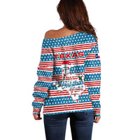 Texas Christmas Off Shoulder Sweater with Blue and Red Striped Festive Pattern Lone Star and Santa Motif - Wonder Print Shop