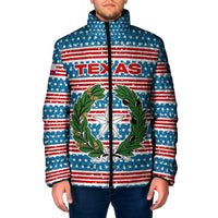 Texas Christmas Padded Jacket with Blue and Red Striped Festive Pattern Lone Star and Santa Motif - Wonder Print Shop