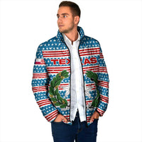 Texas Christmas Padded Jacket with Blue and Red Striped Festive Pattern Lone Star and Santa Motif - Wonder Print Shop