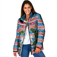 Texas Christmas Padded Jacket with Blue and Red Striped Festive Pattern Lone Star and Santa Motif - Wonder Print Shop