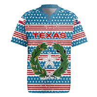 Texas Christmas Rugby Jersey with Blue and Red Striped Festive Pattern Lone Star and Santa Motif - Wonder Print Shop
