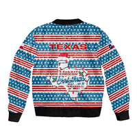 Texas Christmas Sleeve Zip Bomber Jacket with Blue and Red Striped Festive Pattern Lone Star and Santa Motif - Wonder Print Shop