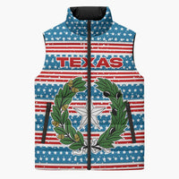 Texas Christmas Sleeveless Puffer Jacket with Blue and Red Striped Festive Pattern Lone Star and Santa Motif - Wonder Print Shop