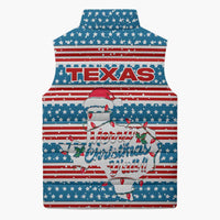 Texas Christmas Sleeveless Puffer Jacket with Blue and Red Striped Festive Pattern Lone Star and Santa Motif - Wonder Print Shop