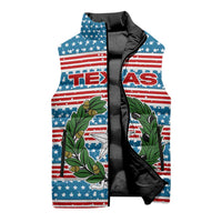 Texas Christmas Sleeveless Puffer Jacket with Blue and Red Striped Festive Pattern Lone Star and Santa Motif - Wonder Print Shop