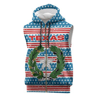 Texas Christmas Sleeveless Zip Hoodie with Blue and Red Striped Festive Pattern Lone Star and Santa Motif - Wonder Print Shop