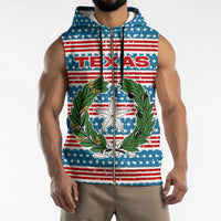 Texas Christmas Sleeveless Zip Hoodie with Blue and Red Striped Festive Pattern Lone Star and Santa Motif - Wonder Print Shop
