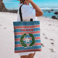 Texas Christmas Tote Bag with Blue and Red Striped Festive Pattern Lone Star and Santa Motif - Wonder Print Shop