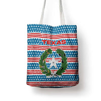 Texas Christmas Tote Bag with Blue and Red Striped Festive Pattern Lone Star and Santa Motif - Wonder Print Shop