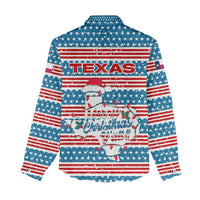 Texas Christmas Women Casual Shirt with Blue and Red Striped Festive Pattern Lone Star and Santa Motif - Wonder Print Shop