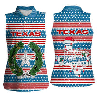 Texas Christmas Women Sleeveless Polo Shirt with Blue and Red Striped Festive Pattern Lone Star and Santa Motif - Wonder Print Shop