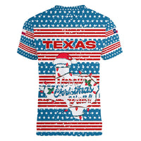 Texas Christmas Women V-Neck T-Shirt with Blue and Red Striped Festive Pattern Lone Star and Santa Motif - Wonder Print Shop