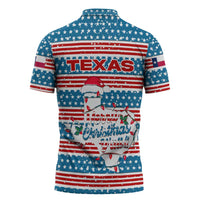 Texas Christmas Zipper Polo Shirt with Blue and Red Striped Festive Pattern Lone Star and Santa Motif - Wonder Print Shop