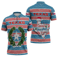Texas Christmas Zipper Polo Shirt with Blue and Red Striped Festive Pattern Lone Star and Santa Motif - Wonder Print Shop