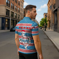 Texas Christmas Zipper Polo Shirt with Blue and Red Striped Festive Pattern Lone Star and Santa Motif - Wonder Print Shop
