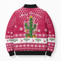 Texas Christmas Bomber Puffer Jacket with Red and White Snowflake Pattern Longhorn Skull and Christmas Cactus Motif - Wonder Print Shop