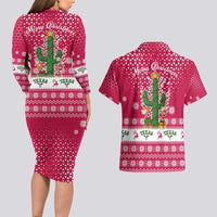 Texas Christmas Couples Matching Long Sleeve Bodycon Dress and Hawaiian Shirt with Red and White Snowflake Pattern Longhorn Skull and Christmas Cactus Motif - Wonder Print Shop