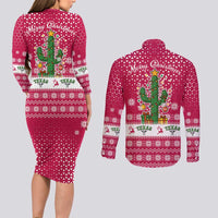 Texas Christmas Couples Matching Long Sleeve Bodycon Dress and Long Sleeve Button Shirt with Red and White Snowflake Pattern Longhorn Skull and Christmas Cactus Motif - Wonder Print Shop