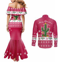 Texas Christmas Couples Matching Mermaid Dress and Long Sleeve Button Shirt with Red and White Snowflake Pattern Longhorn Skull and Christmas Cactus Motif - Wonder Print Shop