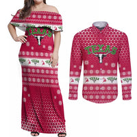 Texas Christmas Couples Matching Off Shoulder Maxi Dress and Long Sleeve Button Shirt with Red and White Snowflake Pattern Longhorn Skull and Christmas Cactus Motif - Wonder Print Shop