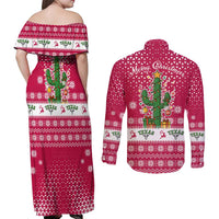 Texas Christmas Couples Matching Off Shoulder Maxi Dress and Long Sleeve Button Shirt with Red and White Snowflake Pattern Longhorn Skull and Christmas Cactus Motif - Wonder Print Shop